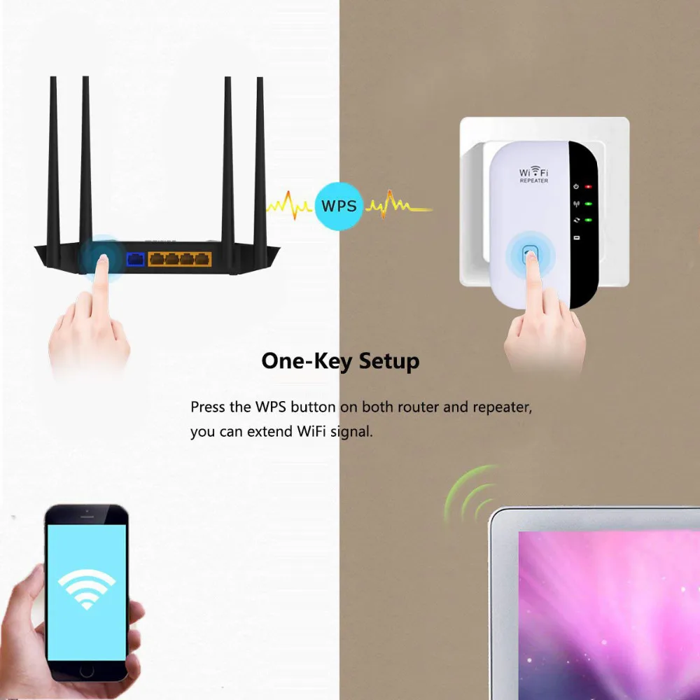 Wi Fi Extender Booster 300 Мбит, Беспроводной ретранслятор 2,4 ГГц Интернет усилитель сигнала, Сетевой удлинитель с WPS и порт Ethernet