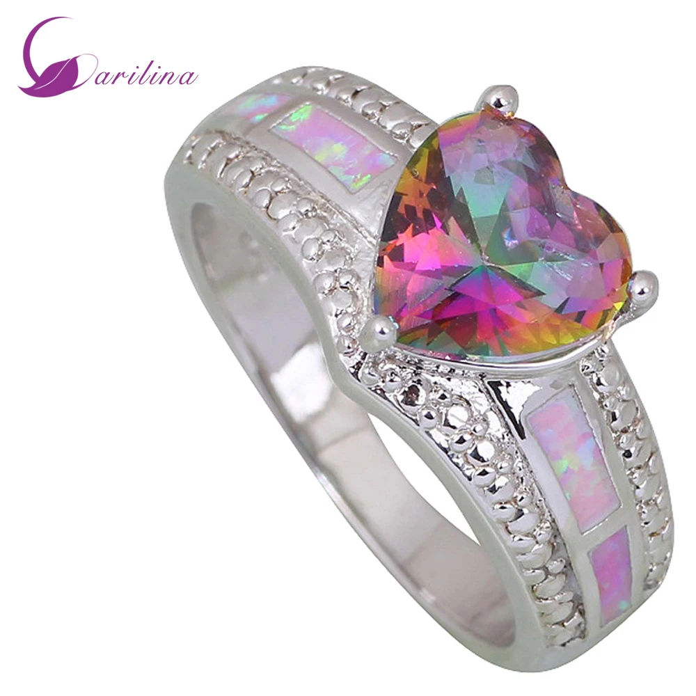 

Fashion Pink Heart Female Opal Silver Color Overlay Jewelry Vintage Party Engagement Wedding Rings For Women R406