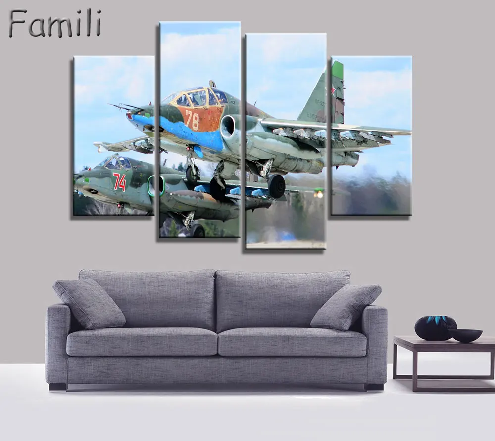 4 Pieces Painting Fighter Airplane Aircraft Model Wall Art Canvas Prints Modern Artwork Pictures for Living Room Unframed | Дом и сад