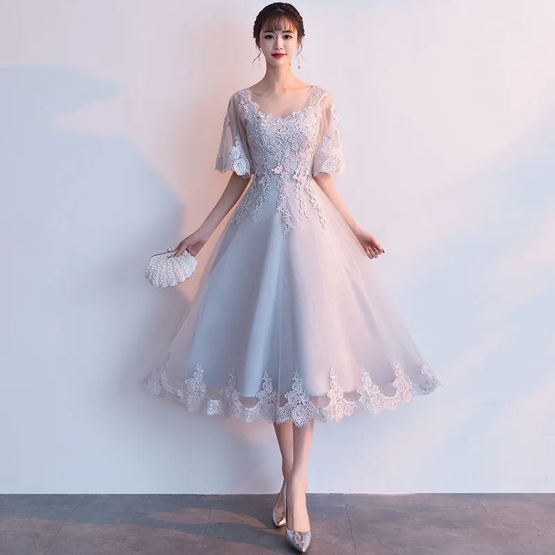 Robe de soiree, Новое поступление, Gery, роскошное, с o-образным вырезом, с коротким рукавом, с вышивкой, на шнуровке, вечерние платья, ТРАПЕЦИЕВИДНОЕ, длиной до середины икры, торжественное платье - Цвет: gery