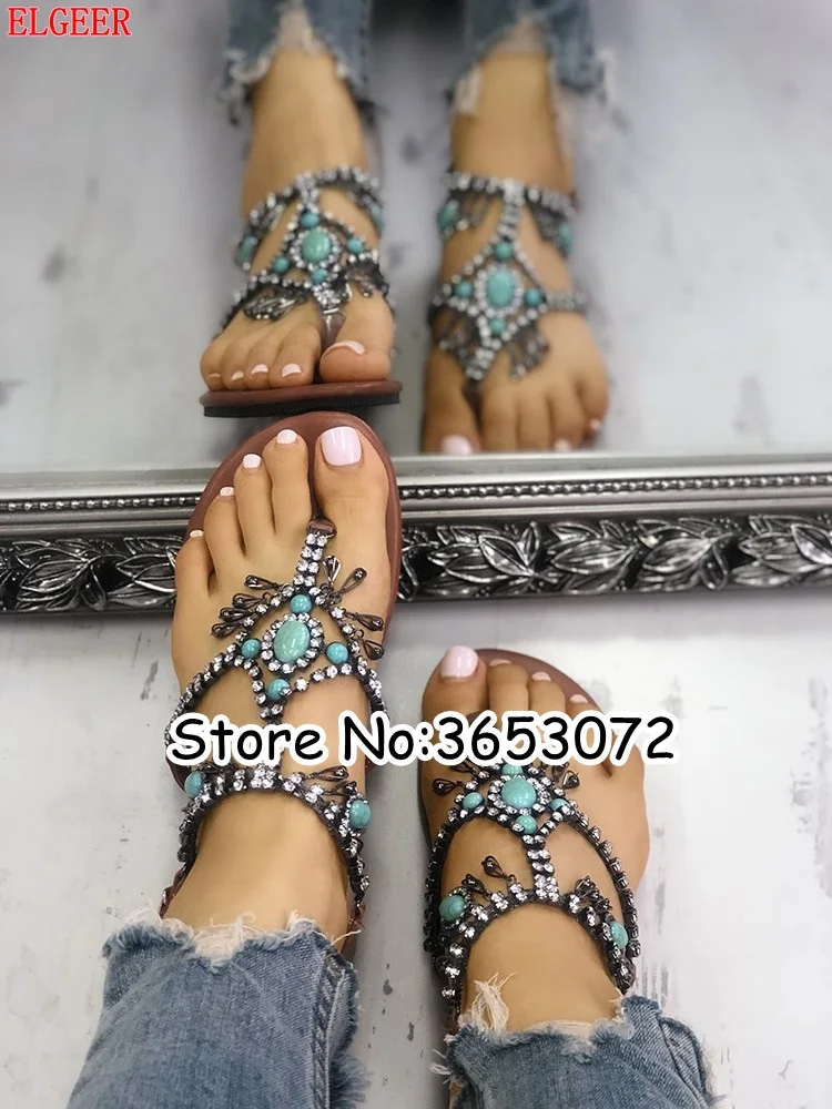 Сандалии на плоской подошве в богемном стиле со стразами и блестящими