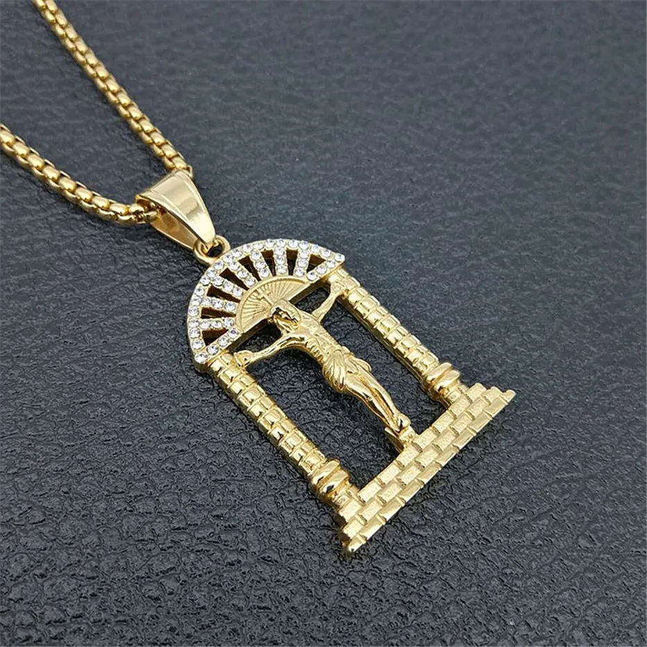 Хип-хоп Iced Out Bling Crucifix кулон ожерелье для мужчин из нержавеющей стали золотой цвет