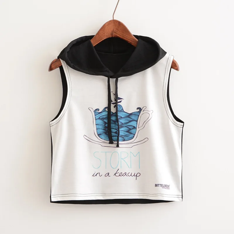 Women's 2019 summer new wind cup in the boat and letter printed hooded fashion short ladies vest T-shirt top tide | Женская одежда