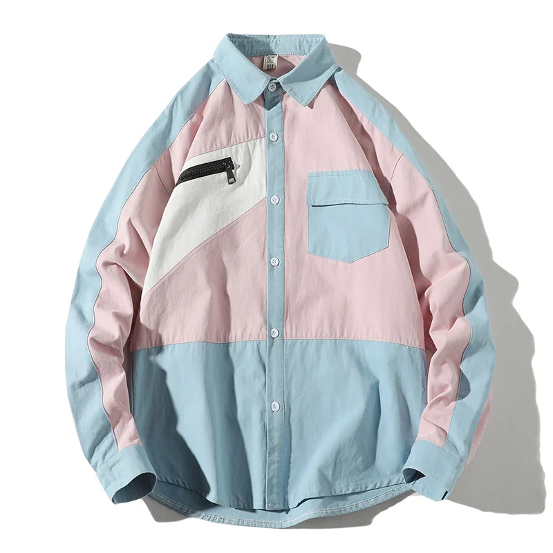 Pink with blue Харадзюку высокое качество с длинным рукавом рубашки мужские корейская мода хип хоп одежда уличный сверхразмерный 5xl Повседневная рубашка платье CS37 - Цвет: Pink with blue
