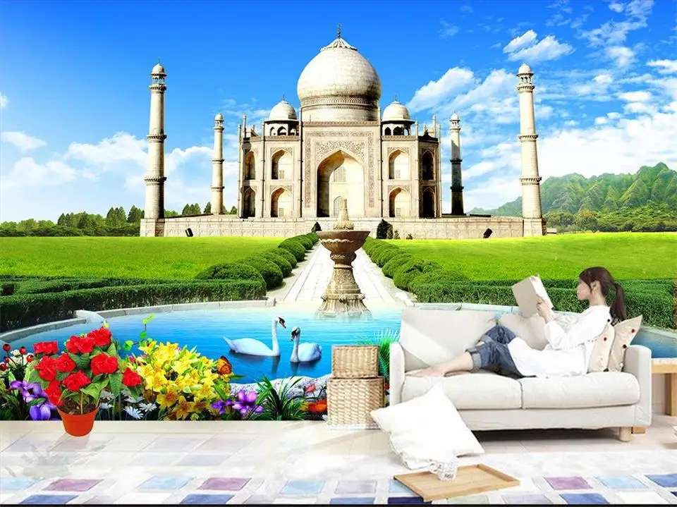 Пользовательские Настенные обои 3d Фото Обои номер Фреска Taj Mahal Лебедь озеро фото