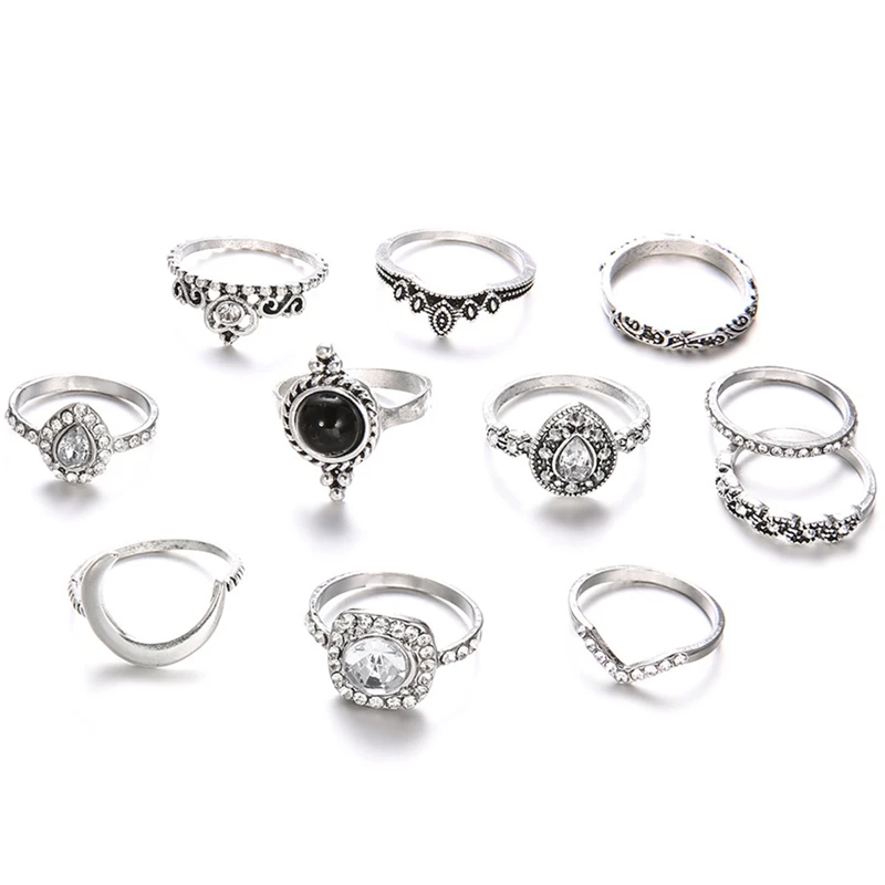 11 шт./упак. набор колец в богемном ретро стиле с драгоценными камнями кристаллами