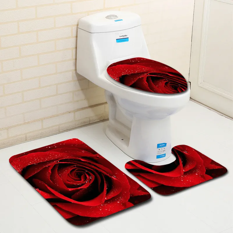 

Zeegle 3Pcs Microfiber Bath Mats Set Rose Pattern Pedestal Rug Toilet Mat Lid Cover Anti-slip Absorbent Bathroom Rug And Carpet
