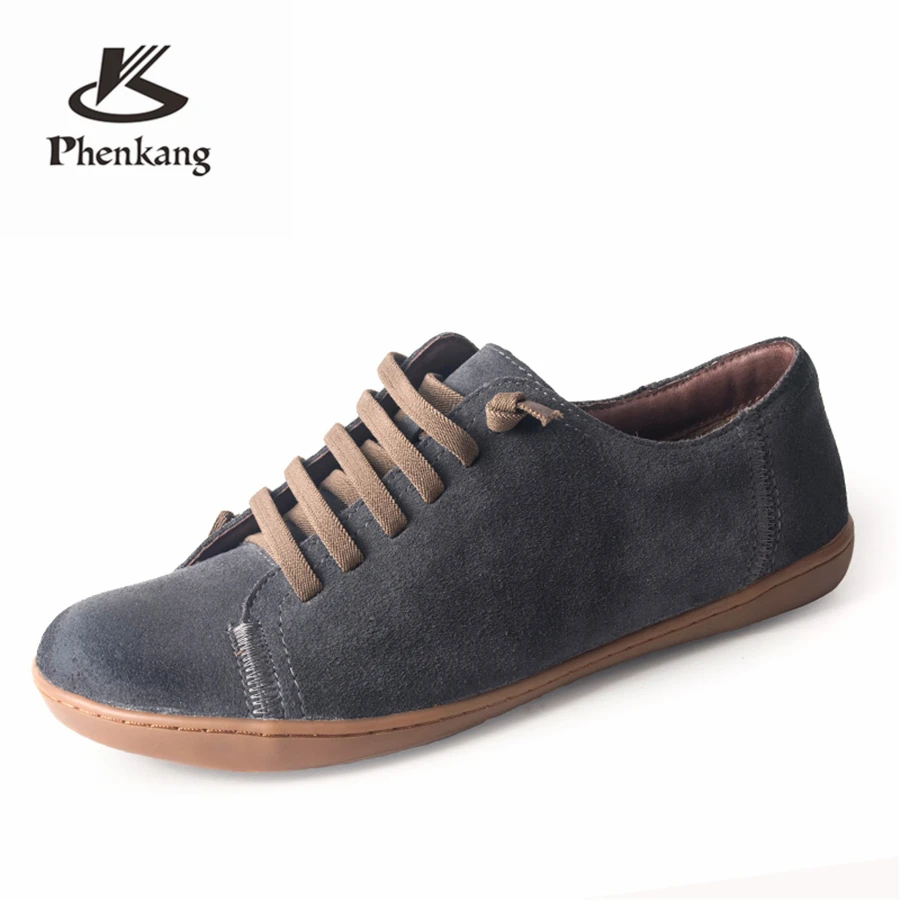 Кроссовки женские из коровьей замши серые/коричневые на плоской подошве | Обувь