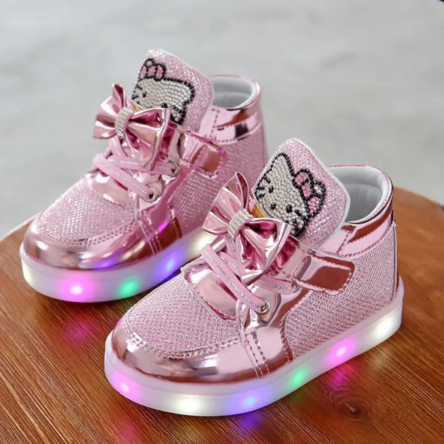 Брендовая новая детская обувь весенняя hello kitty со стразами с подсветкой для
