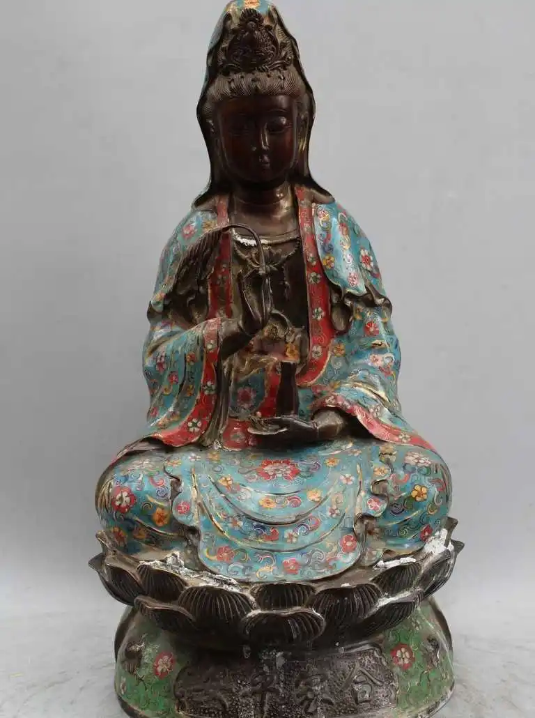 19&quot Chinese Tibet Buddhism Cloisonne Bronze Kwan-yin Guan Yin Goddess Vase | Дом и сад