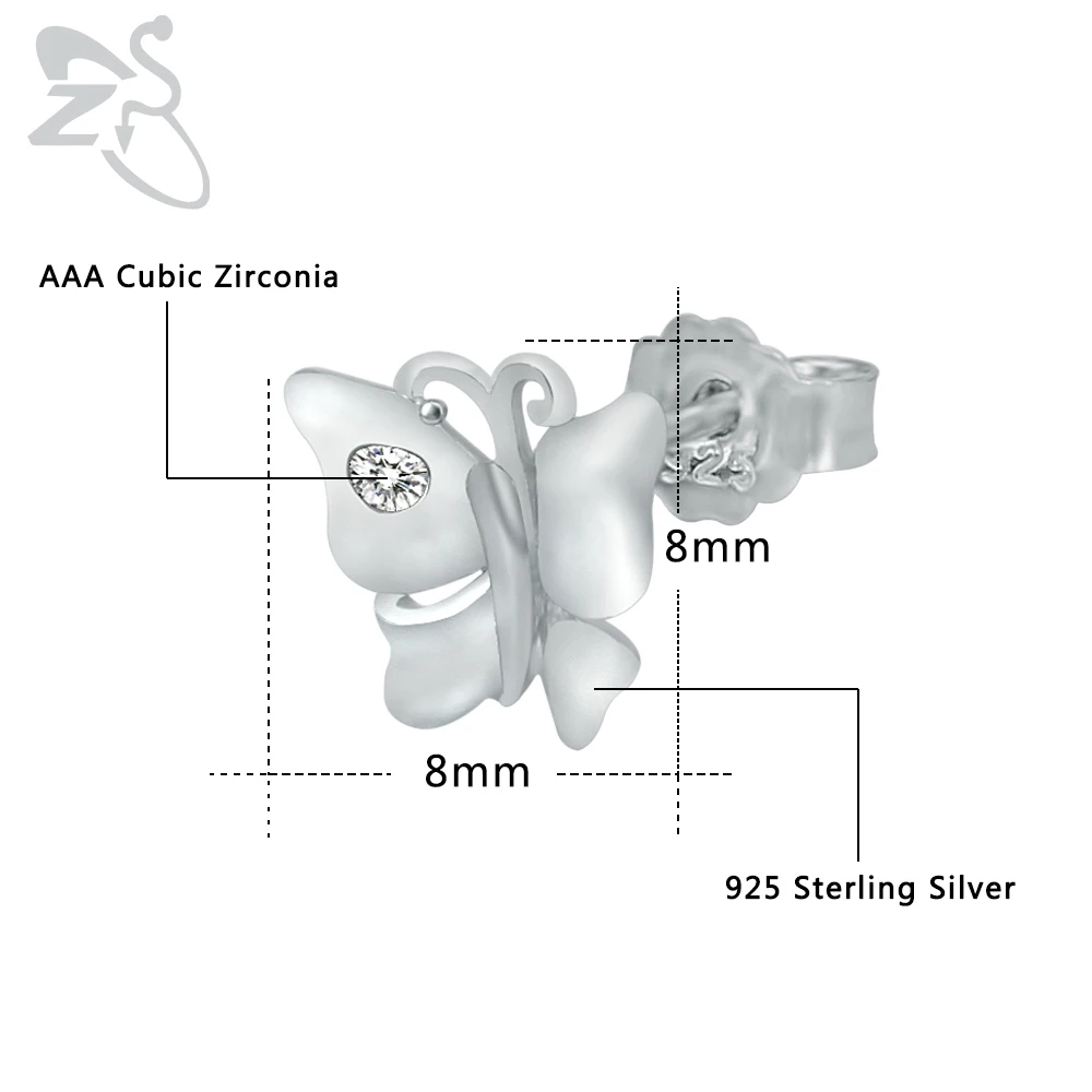 ZS 925 Sterling Silver Butterfly Earrings with Clear Crystal Stud Cute for Girls Kids Animal Oorbellen Jewelry | Украшения и