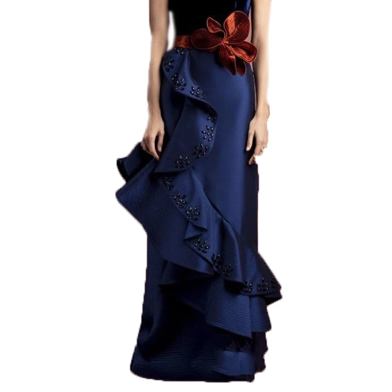 

England Style Straight Ruffles Shiny Crystal Skirts For Women Navy Blue Custom Made Long Skirts With Floral Sash Maxi Skirt 2017