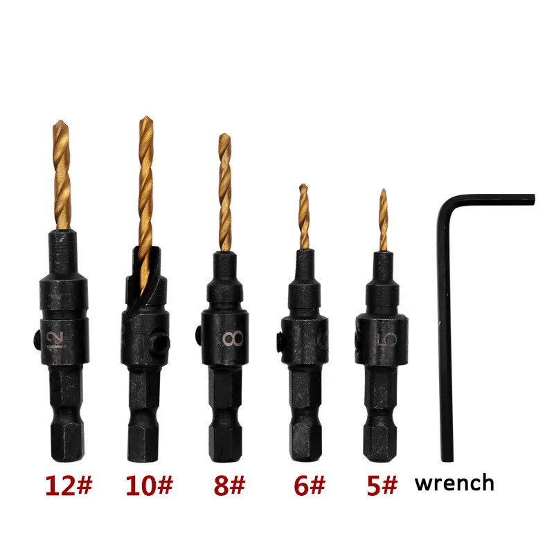 Набор сверл для зенковки комплект из 5 насадок с шестигранным ключом покрытием #5