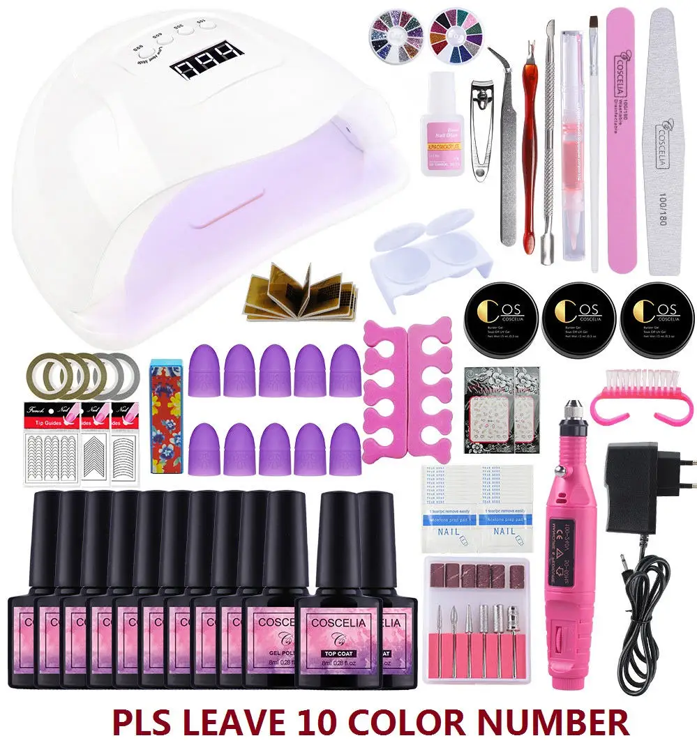 80W 10 color set Полный для ухода за ногтями Маникюрный набор с 80/36/24W УФ-светодиодный светильник для нейл Арта, комплект инструментов и био-Гели Soak Off Гель-лак для ногтей, сверлильный станок для маникюрного набора - Цвет: 80W 10 color set