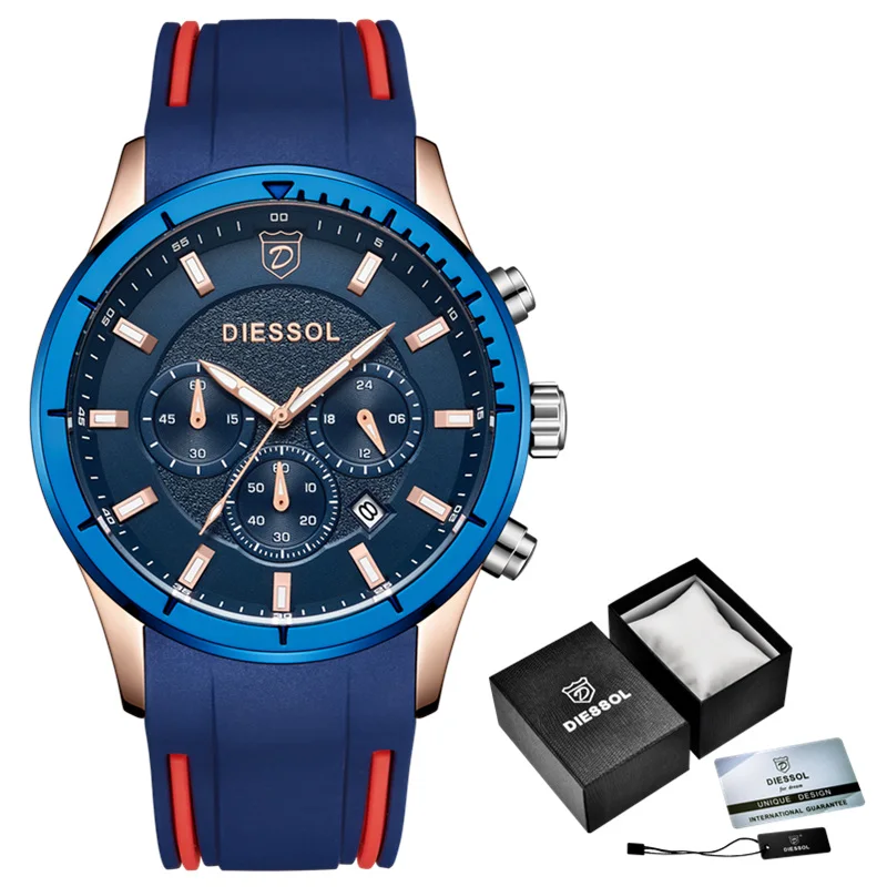 Rose Gold Blue DIESSOL часы мужские модные Хронограф Спортивные кварцевые мужские часы, наручные часы лучший бренд Роскошные водонепроницаемые часы в стиле кэжуал Masculino - Цвет: Rose Gold Blue