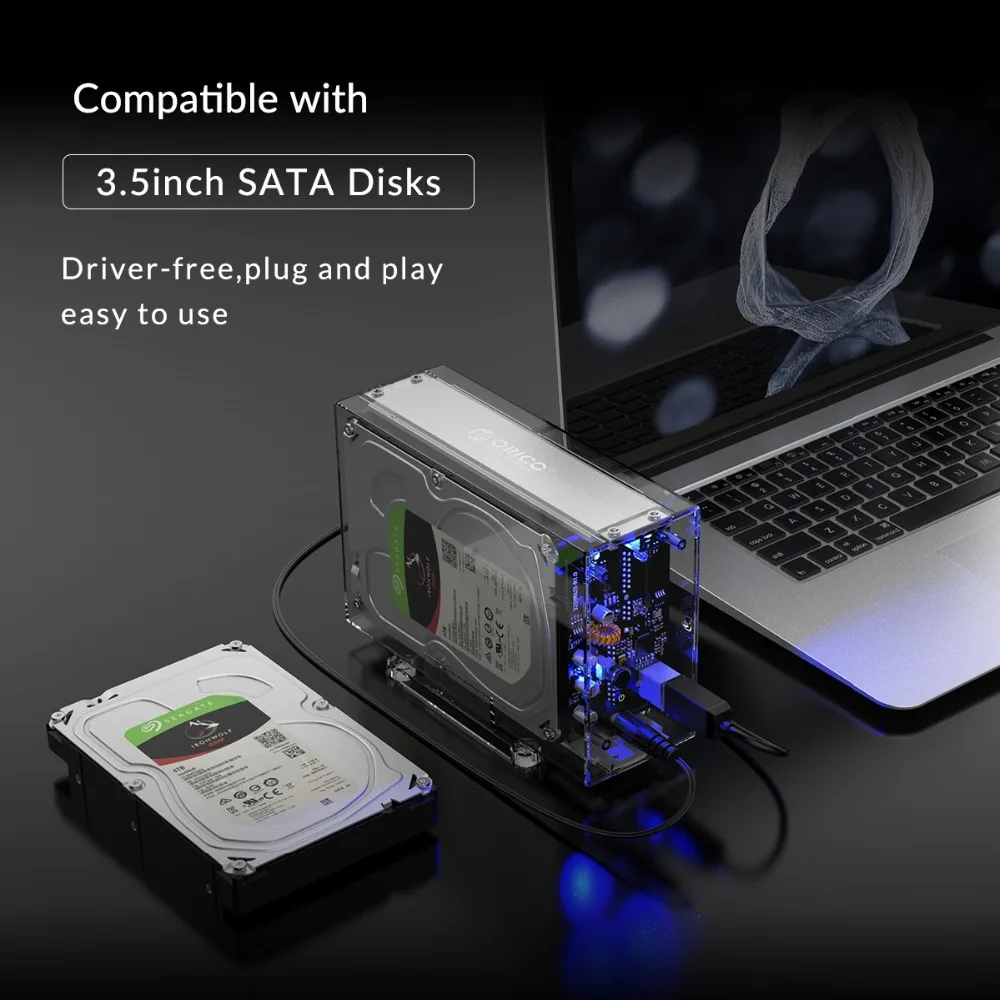 ORICO Dual 3,5 ''USB3.0 HDD чехол 6 Гбит/с SATA к USB 3 прозрачный с алюминиевым HDD док-станция UASP 24 ТБ добавить 12 В адаптер питания