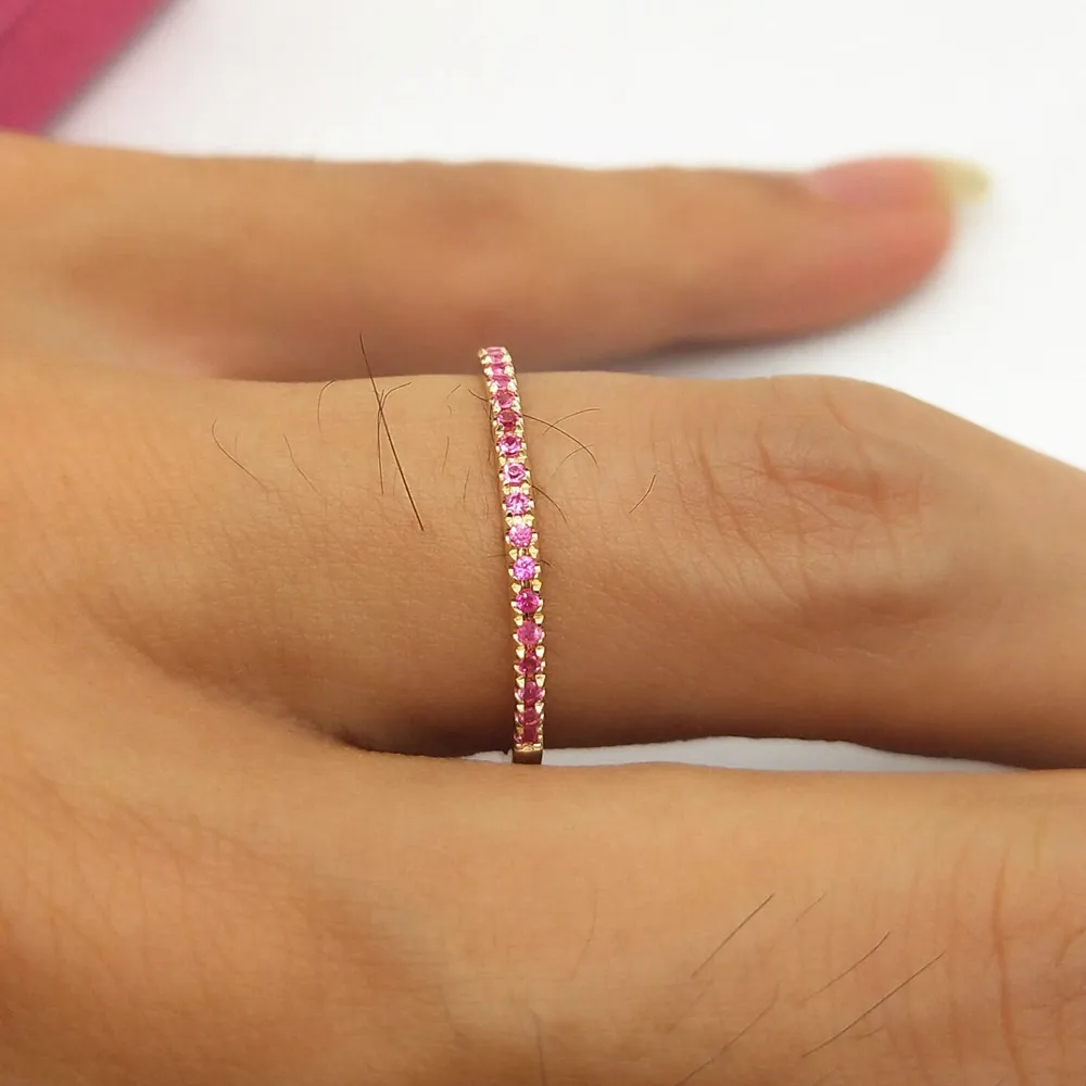 Stackable Pave блестящее подлинное кольцо с розовым сапфиром твердое 10K желтое золото