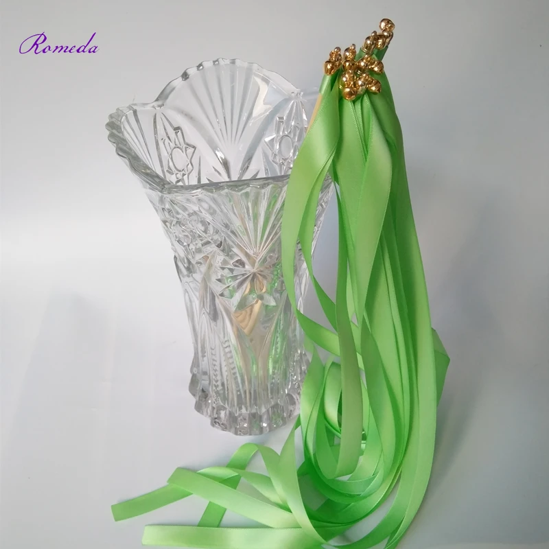 

New 50pcs/lot green stain ribbon wedding stick wands With golden Bells for wedding party