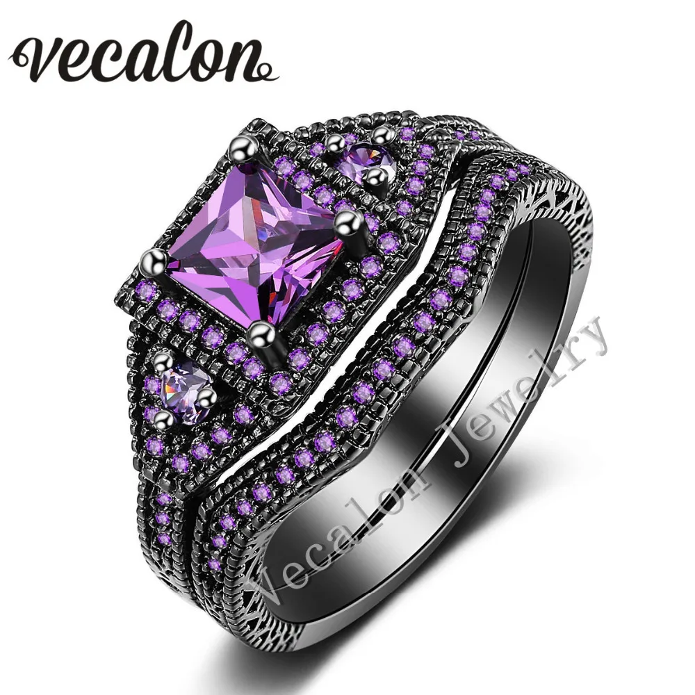 Vecalon Tremdy New Wedding Band Ring Set for Women purple AAAAA Zircon Cz 10KT Black Gold Filled Female Engagement ring | Украшения и