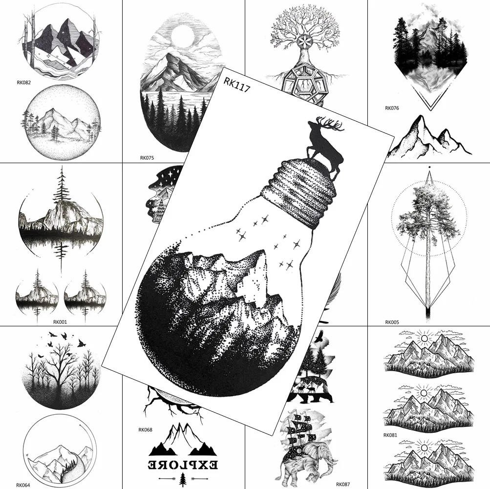 

Black Elk Light Bulb Temporary Tattoo Mountain Forest Sticker Realistic Waterproof Tattoo DIY Body Art Arm Legs Tatoo For Men