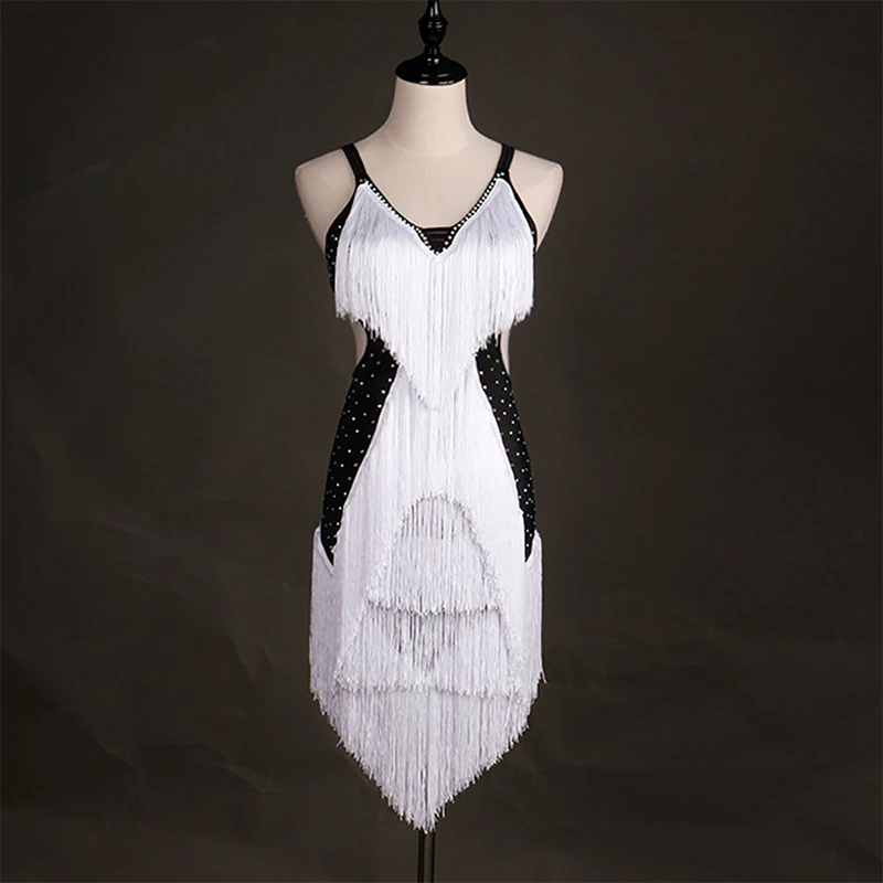 

New Arrival Latin Dance Dresses For Ladies Black White Braces Backless Tassel Fashion Woman Professional Ballroom Costume Q11159