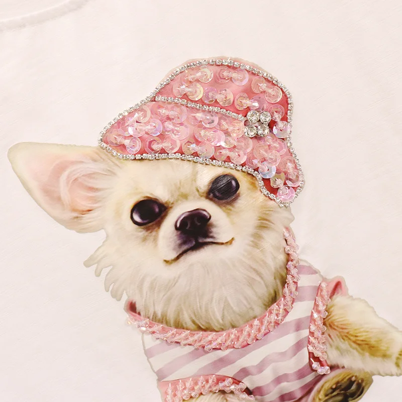 ALPHALMODA Милая женская футболка с блестками и принтом собаки стильные