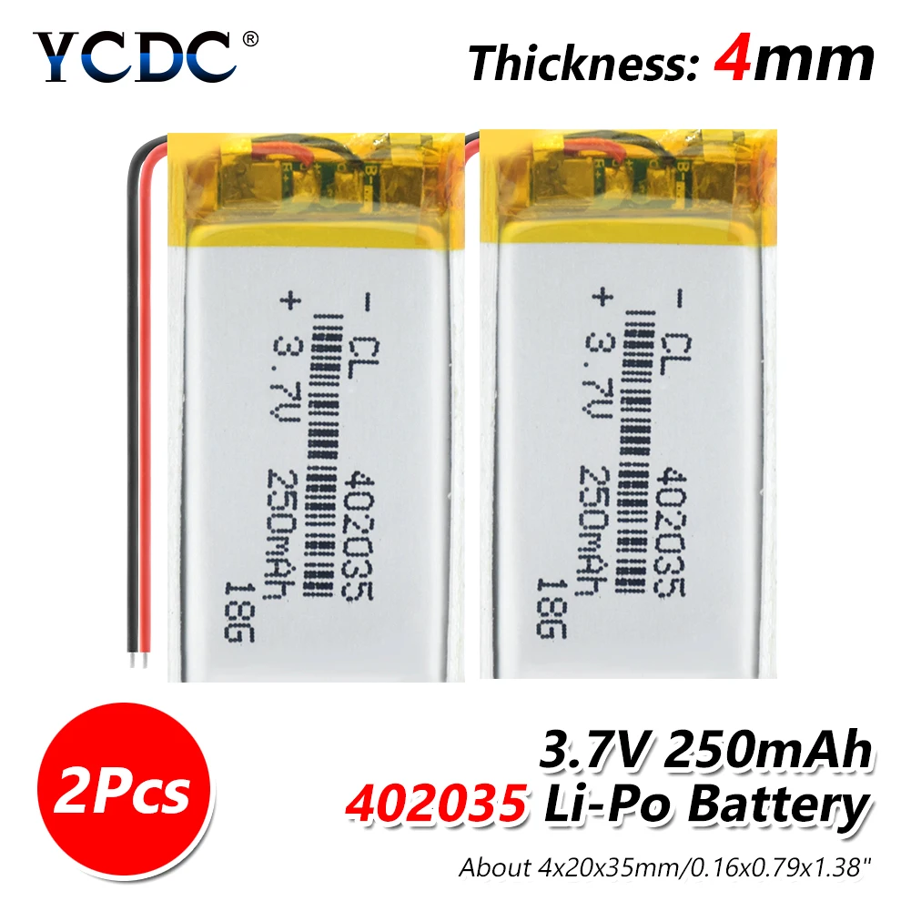 2 pieces Хорошее качество 3,7 V 250mAH 402035 перезаряжаемый полимерный литий-ионный/литий-ионный аккумулятор для игрушек, банка питания, gps, mp3, mp4 спикера - Цвет: 2 pieces