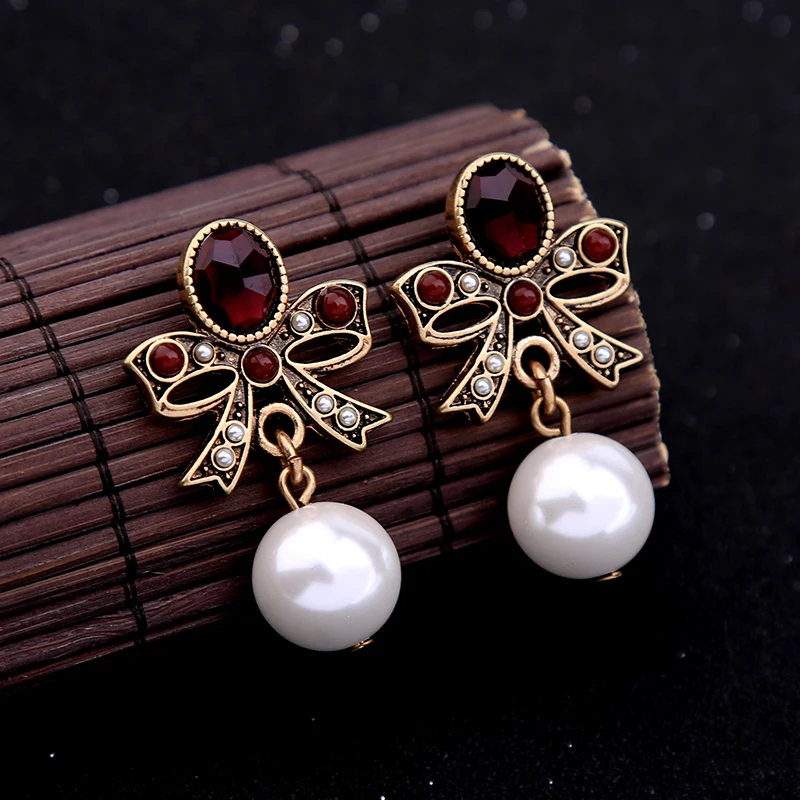 Большие висячие серьги с искусственным жемчугом и красным бантом Aliexpress