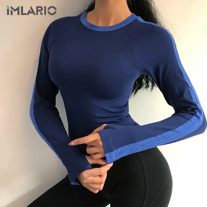 Blue Короткие топы для спортзала с цветными блокировками, женские спортивные футболки с длинным рукавом для йоги, облегающие футболки для бега, тренировочные футболки с отверстием для большого пальца - Цвет: Blue