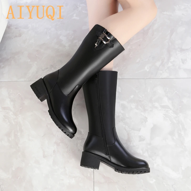 AIYUQI; женские шерстяные зимние сапоги; коллекция года; женские зимние сапоги из натуральной кожи; зимние женские сапоги В рыцарском стиле; большие размеры 41, 42