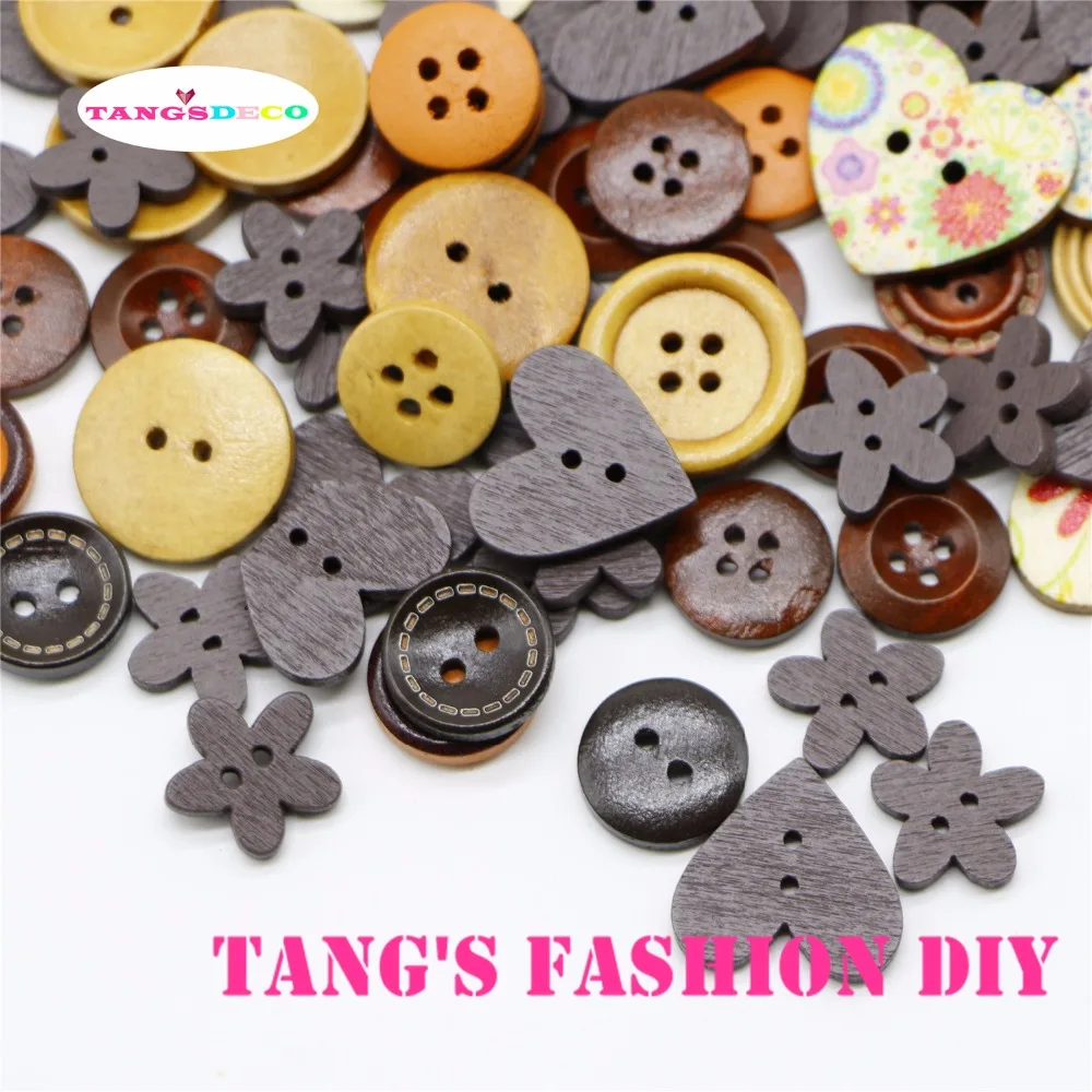 100 шт. --- Разноцветные деревянные пуговицы коричневого/кофейного цвета/разные