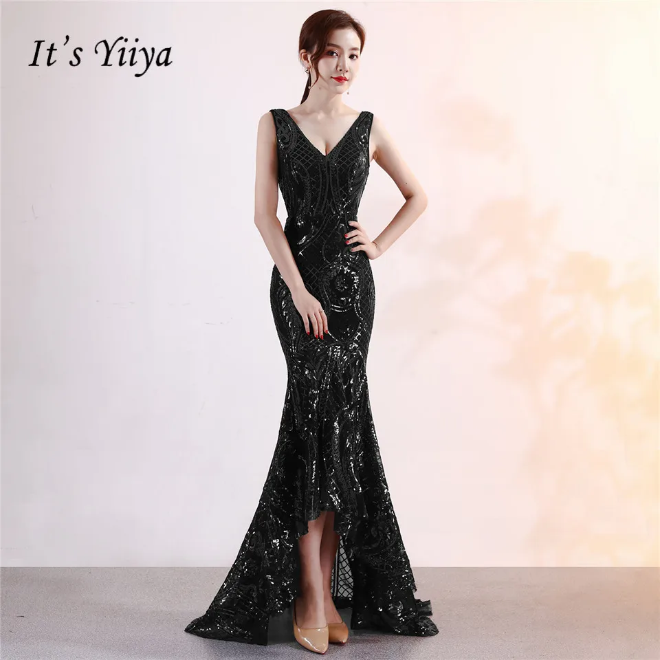 

It's Yiiya Beading Sequined Prom dress V-neck backless trumpet party gowns Floor-length sleeveless zipper evening dresses C112