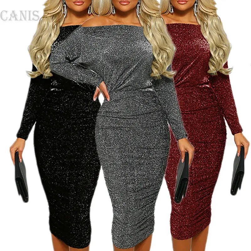 Женское блестящее платье средней длины с длинным рукавом и открытыми плечами |