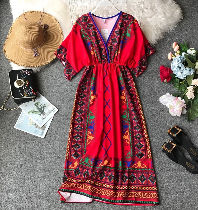 

Women's vintage plus size casual loose national print dress girls high waist beach vacation dress TB1164