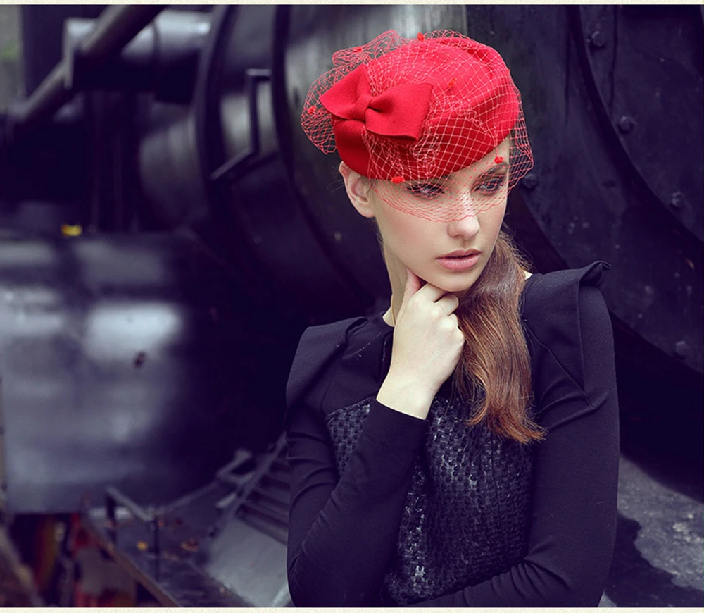 Fascinator Hats for Women Fedora Hats Black Red Autumn Winter Veil Wool Felt Pillbox Hat for Formal Cocktail Party Wedding Hat
