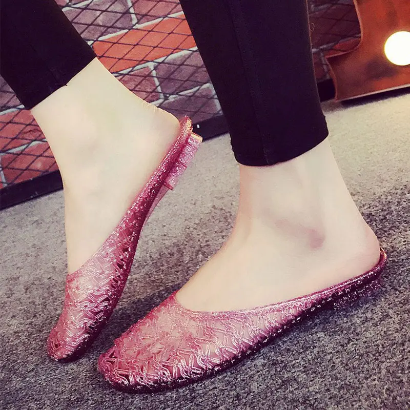 pink Летние женские шлепанцы на плоской подошве; прозрачная обувь; женские сандалии на полой подошве; Балетки без застежки; мягкий светильник; нескользящая обувь для ванной - Цвет: pink