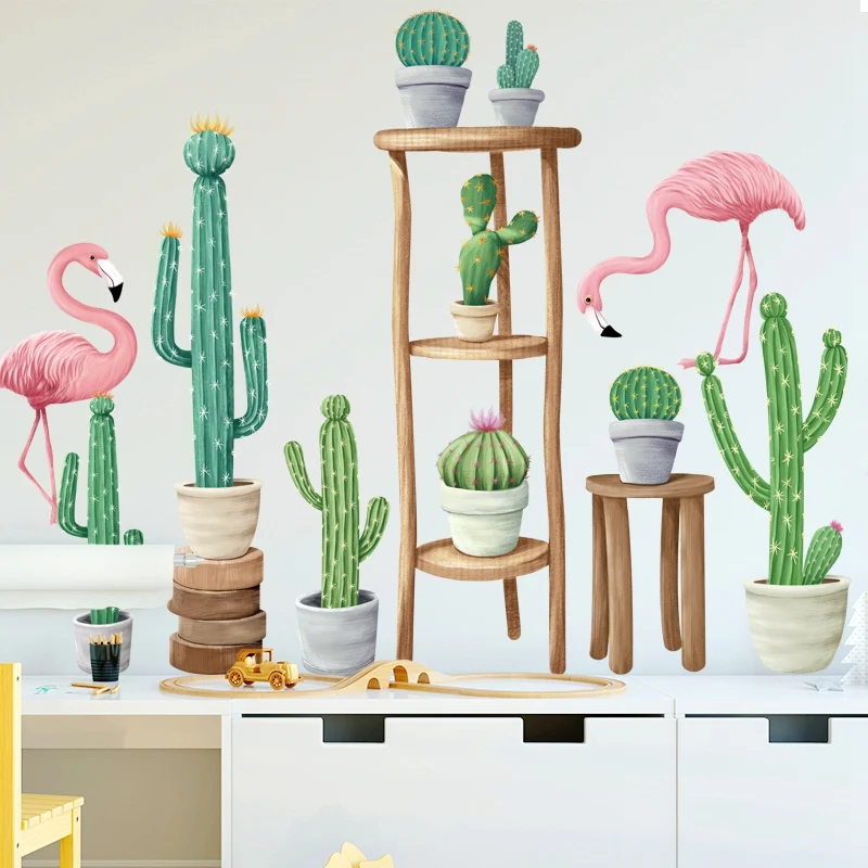 Flamingo Cactus Potted Plant Wall Stickers Living room Bedroom Kids Home Decor Vinyl Decals Removable PVC Art Murals | Дом и сад
