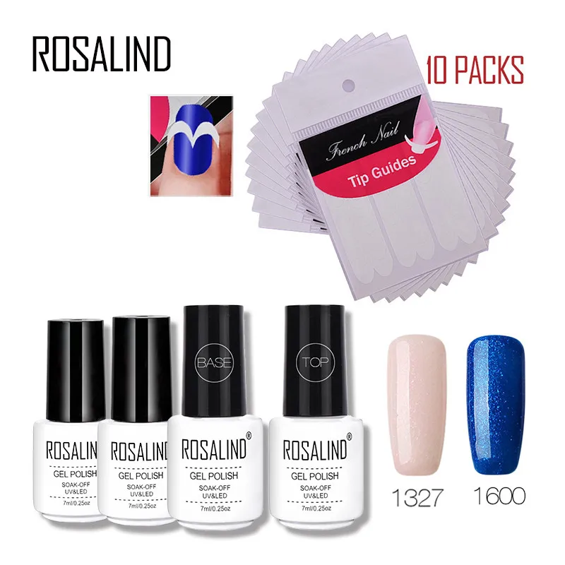 ROSALIND 1 комплект 7 мл* 4 Гель-лак для ногтей и основа верхнее покрытие+ 10 шт. Французский DIY улыбка наклейка для ногтей инструменты для маникюра УФ-гель для ногтей - Цвет: RC-FS09