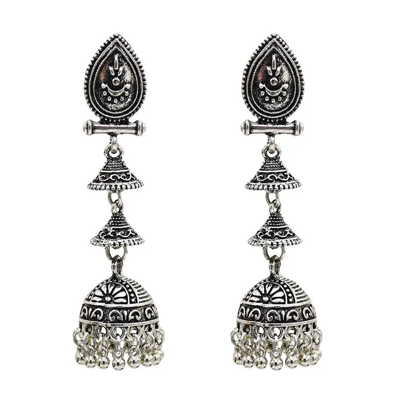 Jhumka индийские серьги с большой ручной резкой для женщин, тайские богемные винтажные этнические уникальные хиппи женские элегантные длинные ювелирные изделия с кисточками - Окраска металла: Покрытие антикварным серебром