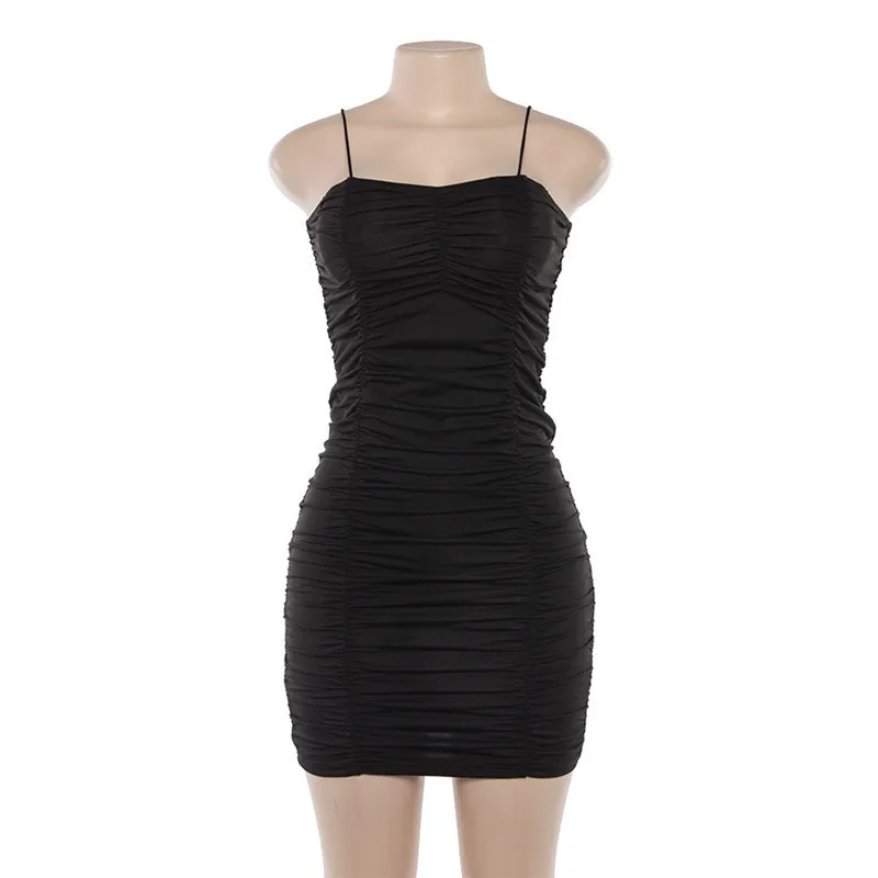 Ahagaga 2019 Весна Мини платье для женщин Bodycon сплошной черный мода рукавов Sexy бретелек