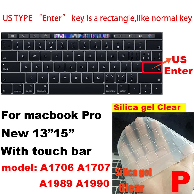 Для Apple Macbook air pro retina EU/US версия A1466/1502/1398/1534/1990 Клавиатура Чехол Silica гелевый из термопластика прозрачный протектор пленка