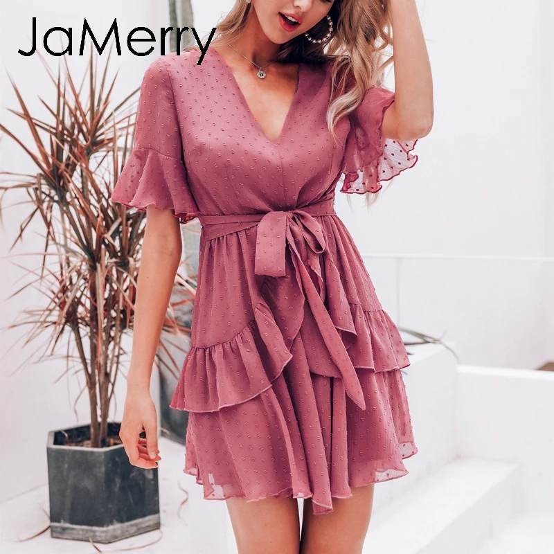 Женское винтажное платье в горошек JaMerry розовый короткий сарафан с оборками