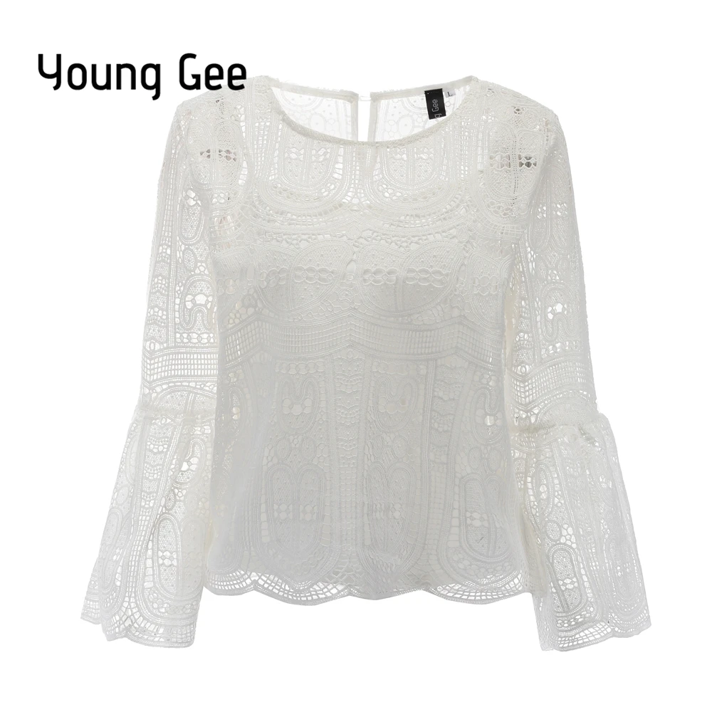 Женская кружевная блузка Young Gee элегантная белая и черная ажурная с цветочным