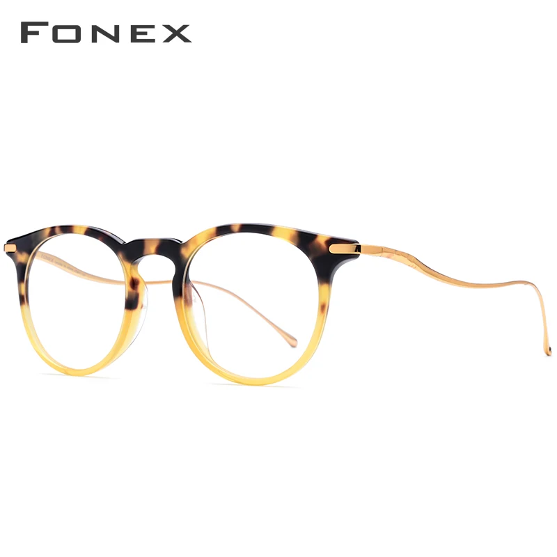 FONEX, титановые ацетатные очки, мужские, по рецепту, Ретро стиль, оптические очки, оправа для женщин, Ретро стиль, круглые очки для близорукости, 857 - Цвет оправы: Leopard-Yellow