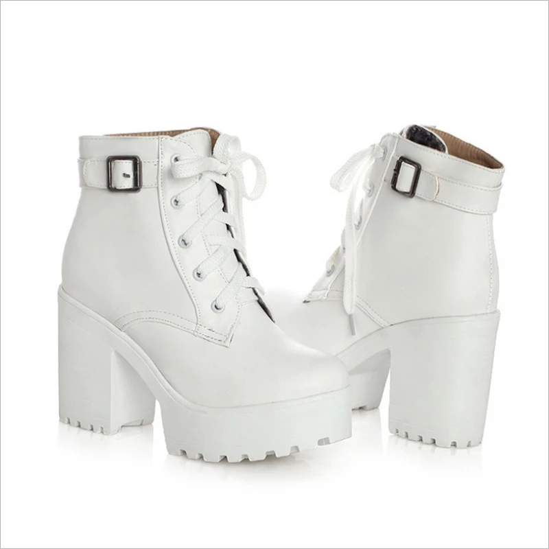 Ankle fashion women high heel boots woman casual shoes lace up white black pink with buckle | Обувь