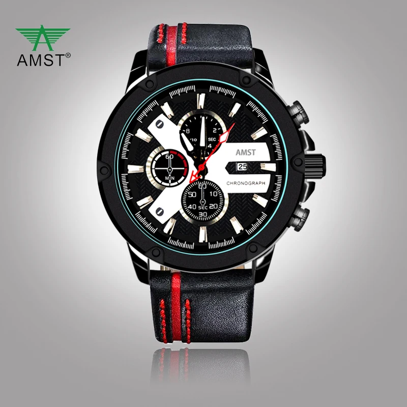 AMST модные мужские часы кожа водонепроницаемые спортивные с хронографом Топ