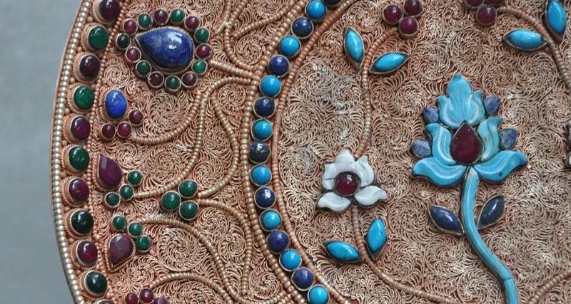 11&quotOld Tibet Buddhism Filigree silver inlay turquoise coral gem Flower wall Than | Дом и сад