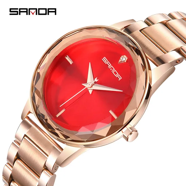 Rose gold red Sanda фиолетовые женские часы модные из нержавеющей стали с ремешком кварцевые женские наручные часы стразы женские часы разноцветные - Цвет: Rose gold red