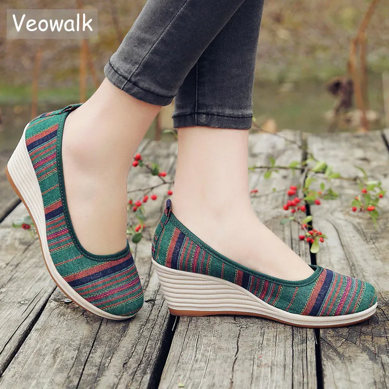 Veowalk Разноцветные полосатые женские повседневные льняные хлопковые туфли на