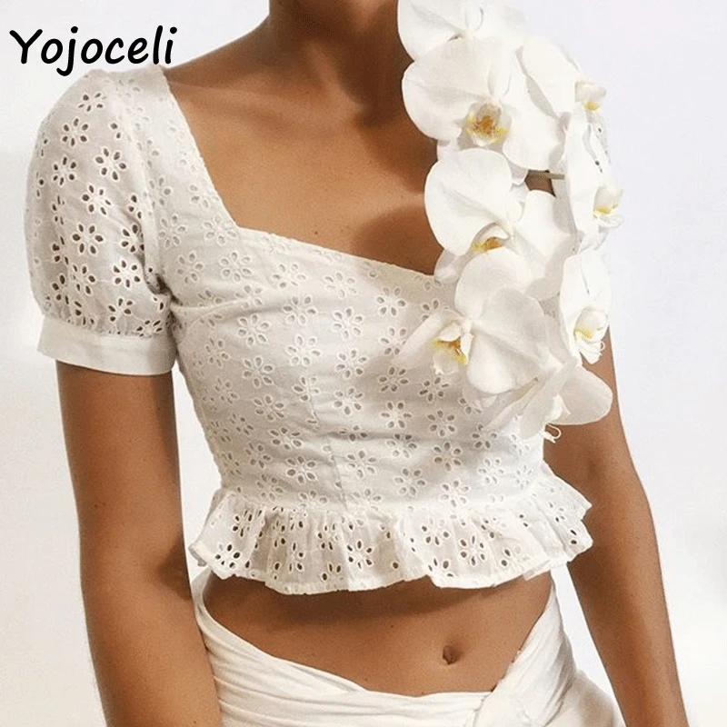 Yojoceli/2019 летние хлопковые топы с вышивкой блузки белые укороченные квадратным